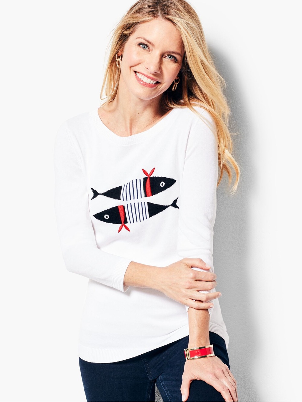 Talbots Three-Quarter Sleeve Striped Fish Sweater
